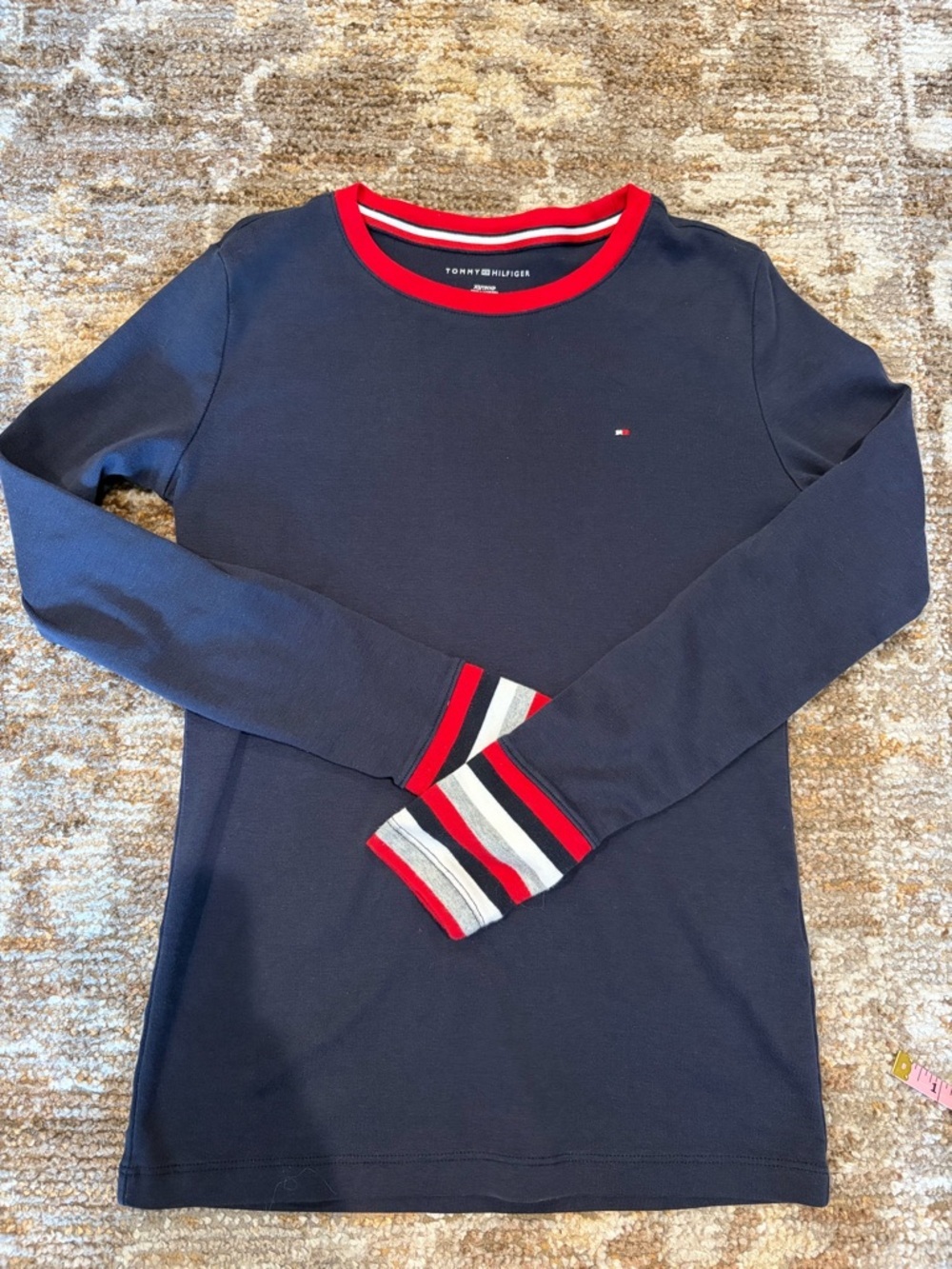 Tommy Hilfiger Navy Long-Sleeve Crewneck Top with Red and White Trim